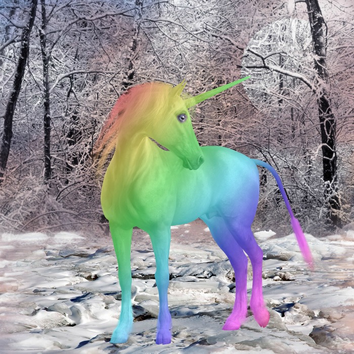 Colorful unicorn. A rainbow unicorn standing in a forest covered in snow.