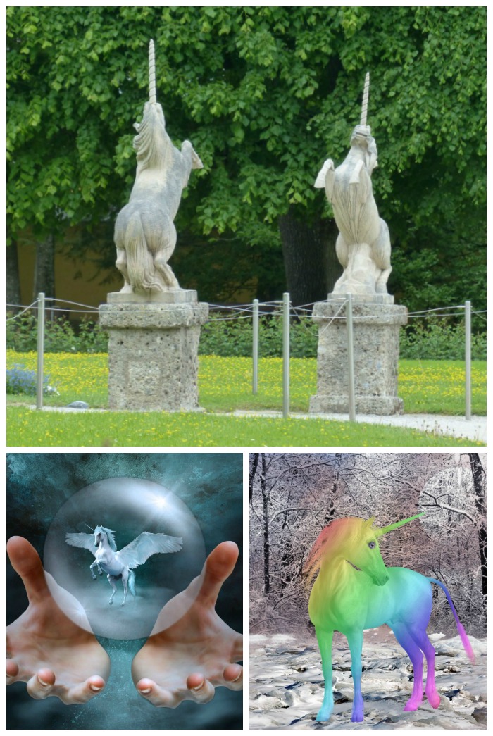 Unicorn collage. A collage with three unicorn images to celebrate National Unicorn Day - the top photo has two unicorn statues, the bottom left has a flying unicorn in a glass ball, and the bottom right has a rainbow unicorn in a snowy forest.