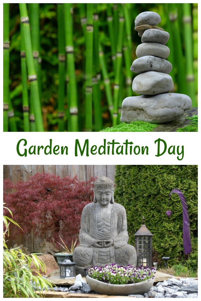 The words "Garden Meditation Day" in between two photos - the top photo is of rocks in a stack in front of bamboo, and the second photo is of a Buddha statue in a garden.