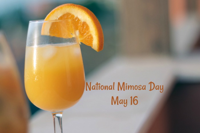 mimosa with an orange slice garnish National MImosa Day