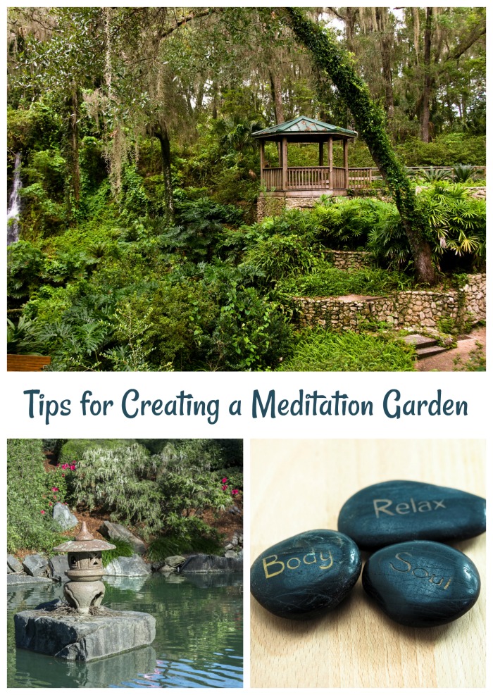 A text overlay that reads "tips for creating a meditation garden" in between three images, the top with a gazebo in a lush garden, the bottom left of a pond in the center of a garden with a statue in the center, and the one on the bottom right of meditation stones.