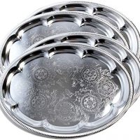 Traditional Oval Floral Pattern Engraved Catering Chrome Plated Serving Plate Mirror Tray Platter