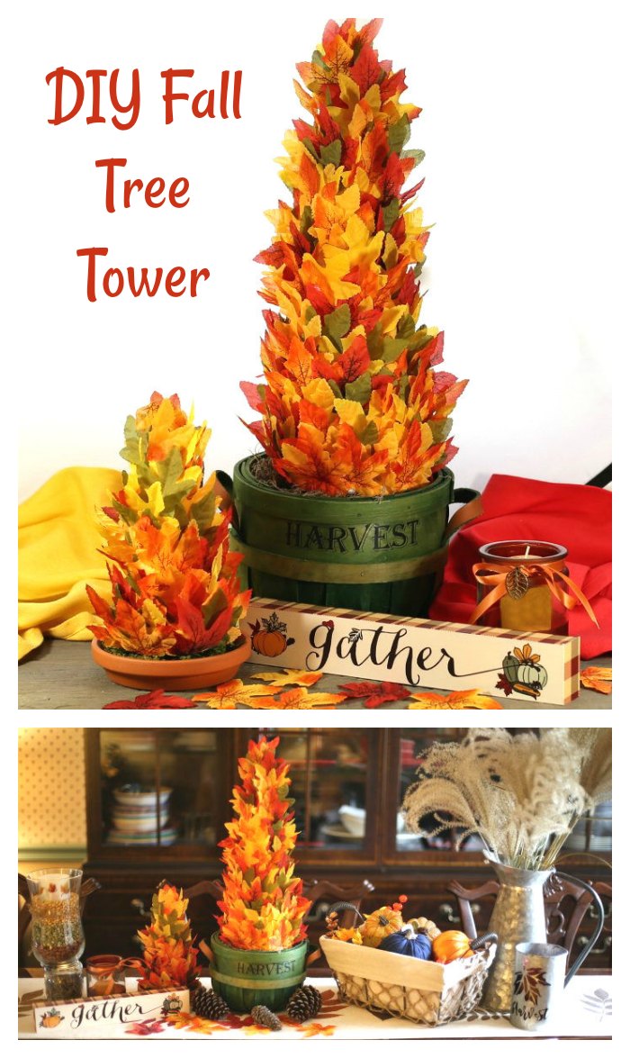 DIY fall tower Collate with leaf trees and Thanksgiving tablescape and words reading "DIY tree fall tree tower."