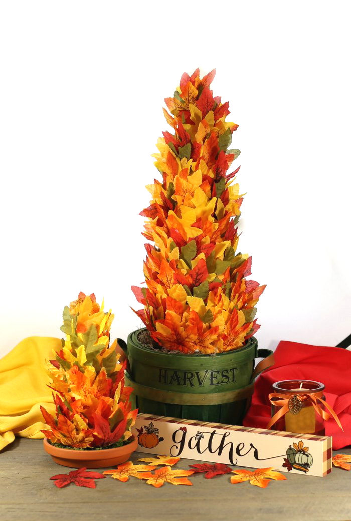 Fall leaf trees with a candle and gather sign Two DIY autumn trees in a harvest vignette