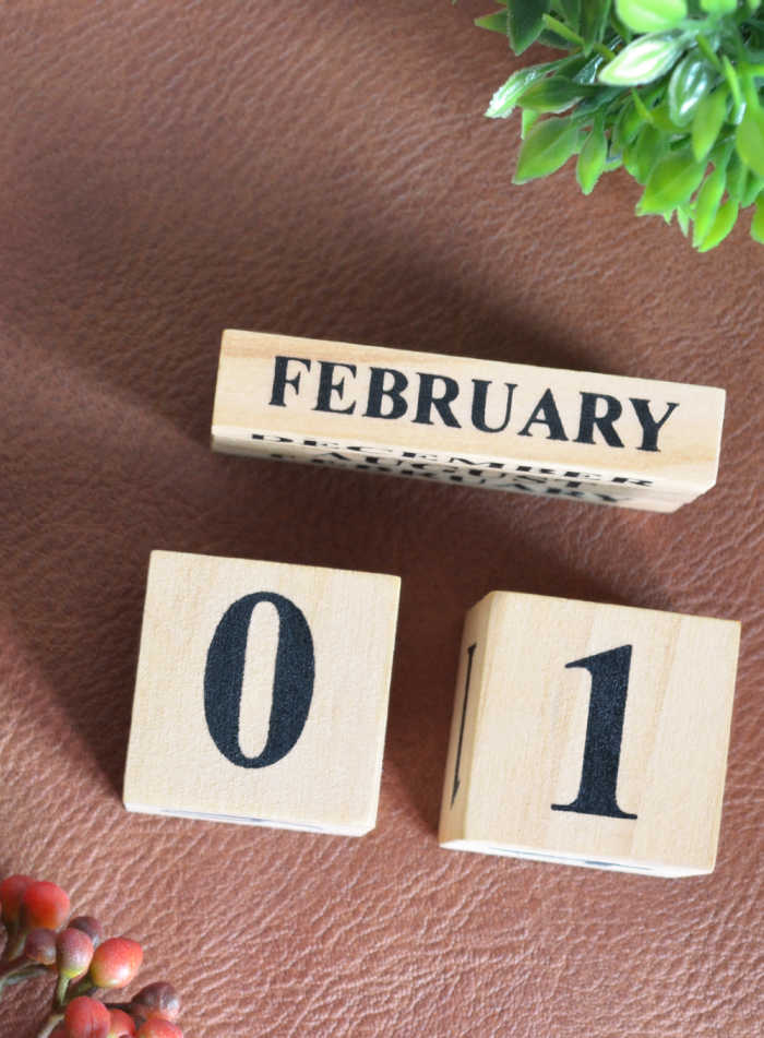 February calendar blocks. Blocks with words February 01.