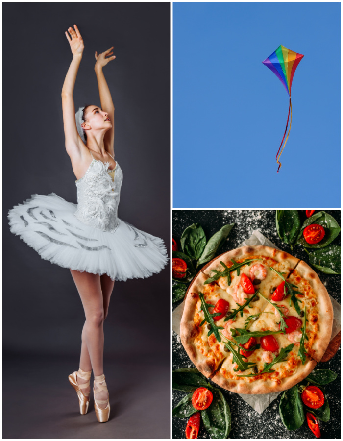 Collage with a ballerina, kite flying and pizza.