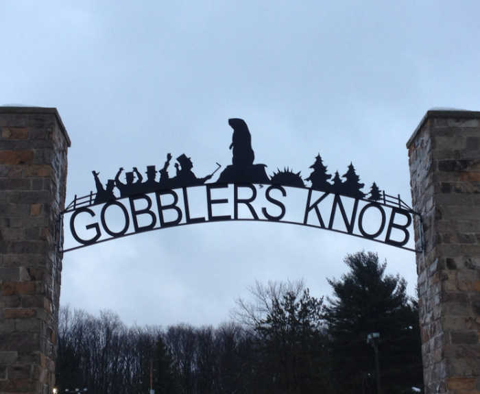 Grou9ndhog day at Gobbler's Knob. Gate with arch reading Gobbler's Knob and groundhogs.