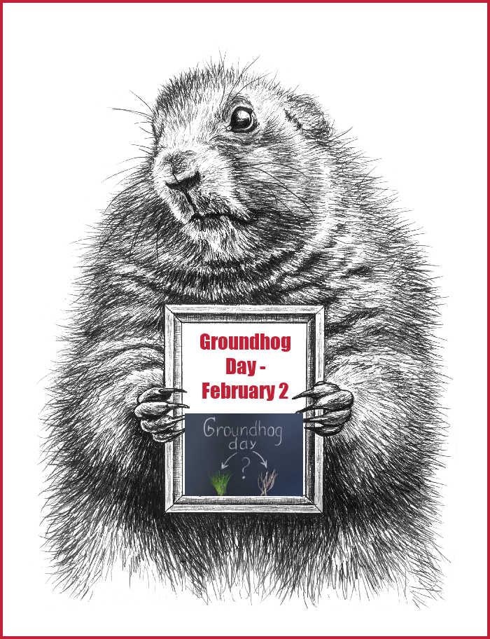 Groundhog Day - February 2. Groundhog holding a blackboard with words Groundhog day February 2 and question mark about spring..