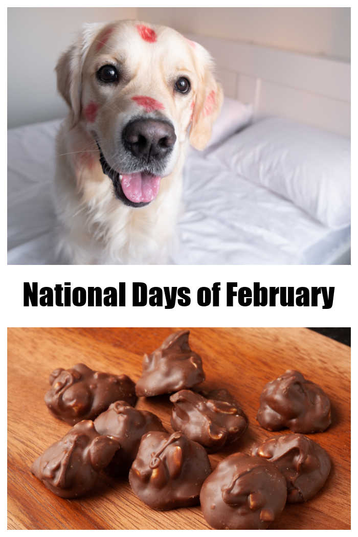 Dog with kisses and peanut clusters and words reading "national days of February."
