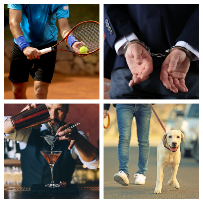Playing tennis, handcuffs, bartender and dog walking photos in a collage.