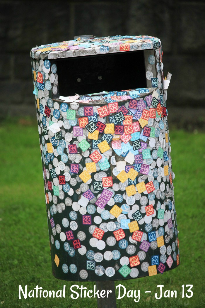 Rubbish Bin decorated with stickers.