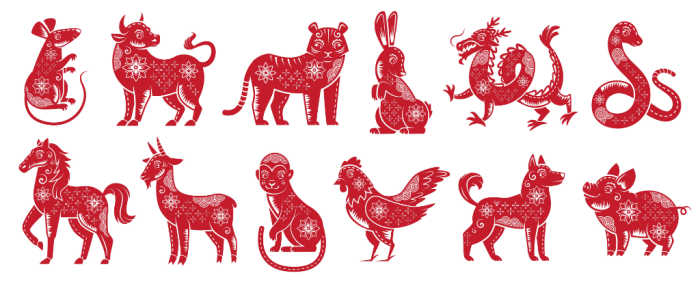 Red animals of the zodiac on a white background.