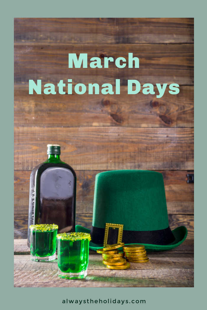 Green hat, gold coins, glasses of green drink and alcohol bottle with words March National Days.
