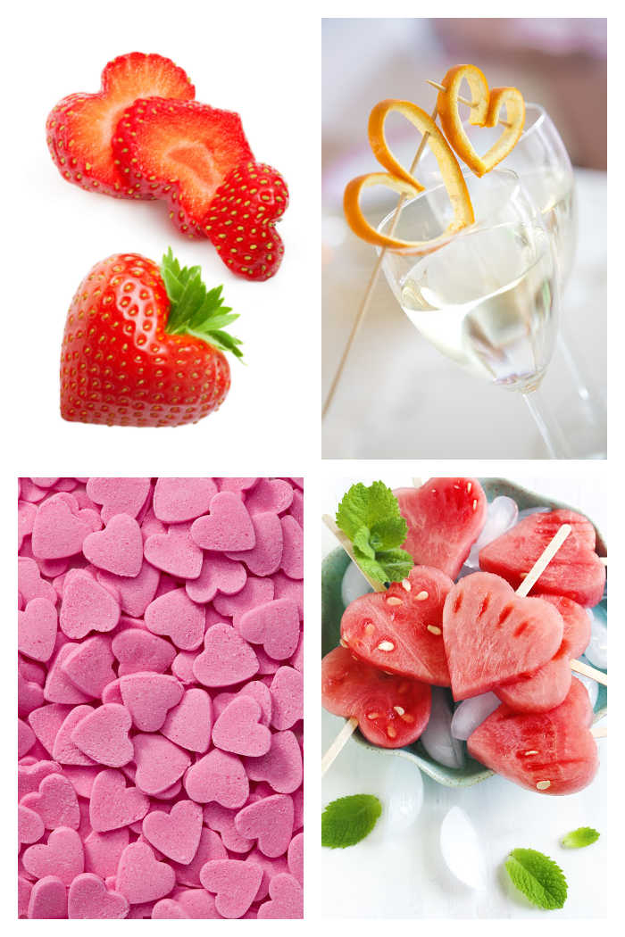 Heart shaped garnishes Strawberry hearts, grapefruit peel hearts, candy hearts, watermelon hearts.