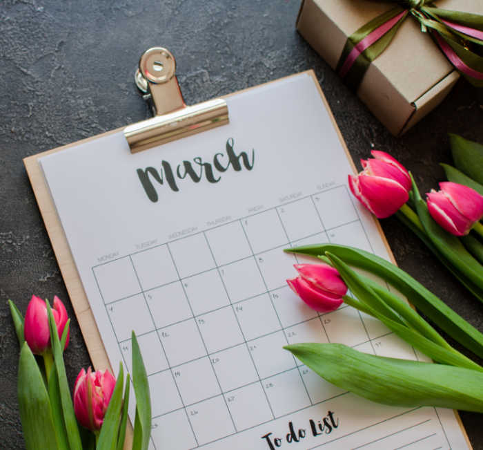 A blank calendar of March with spaces to fill in the national days of March, with pink tulips laid beside it and box with ribbon in the top right corner.