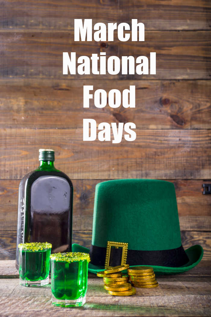 A green top hat, gold coins, green shots, a bottle of whiskey arranged under the words March national food days.