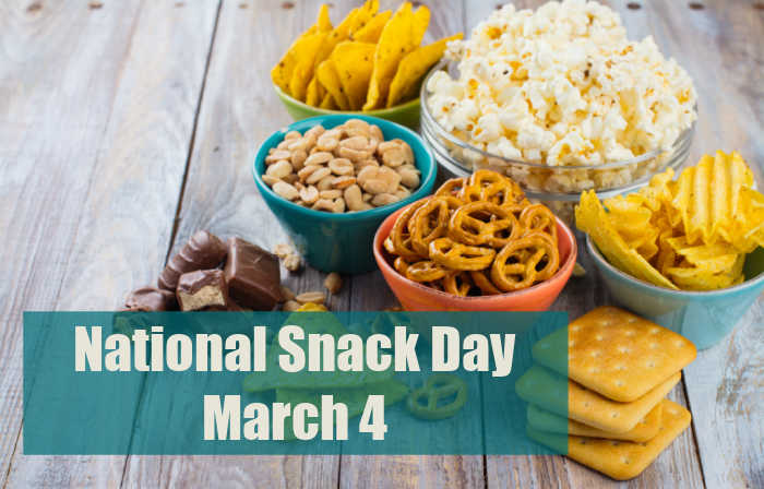 Table with bowls of snacks and text overlay reading National Snack Day March 5.