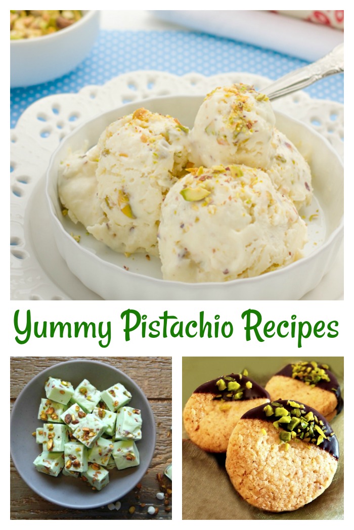 pistachio ice cream, pistachio fudge and pistachio chocolate dipped shortbread cookies Tasty Pistachio Recipes for National Pistachio Day
