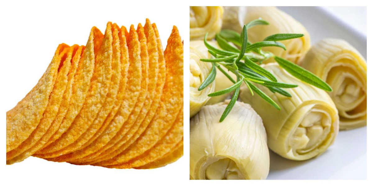Two March food days. Potato chips and artichoke hearts in a collage.