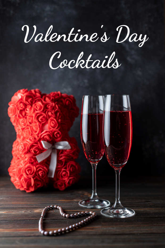 Valentine's Day Cocktails. Teddy bear made of roses, pink drinks and heart shaped necklace with words "Valentine's Day Cocktails."