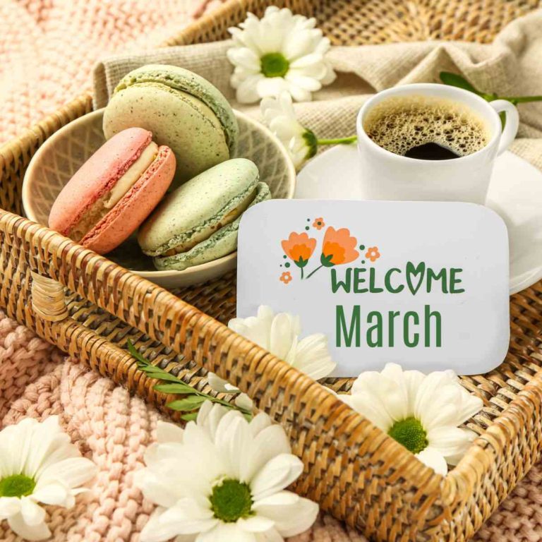 Basket of cookies with words Hello March.
