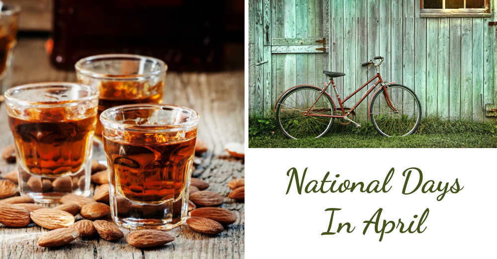 National Days in April. Amaretto, almonds and old bicycle with words reading National Days in April.