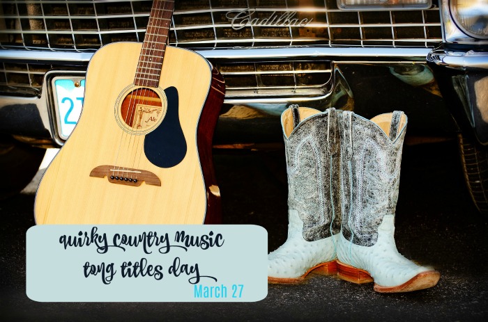 guitar and boots with a text overlay for quirky country music song titles day Quirky country music song titles day