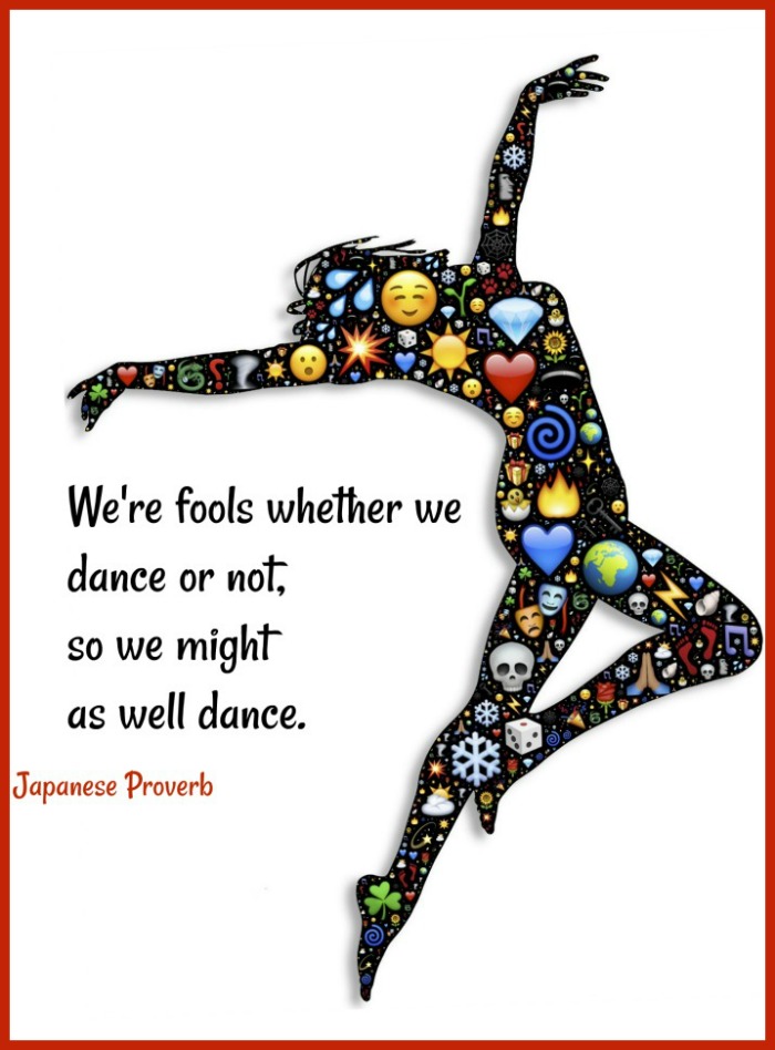 A dancer with text overlay of a Japanese proverb. A dancing silhouette with emojis inside it and a dancing quotes text overlay.