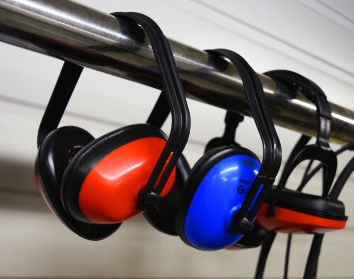 red and blue acoustic earmuffs