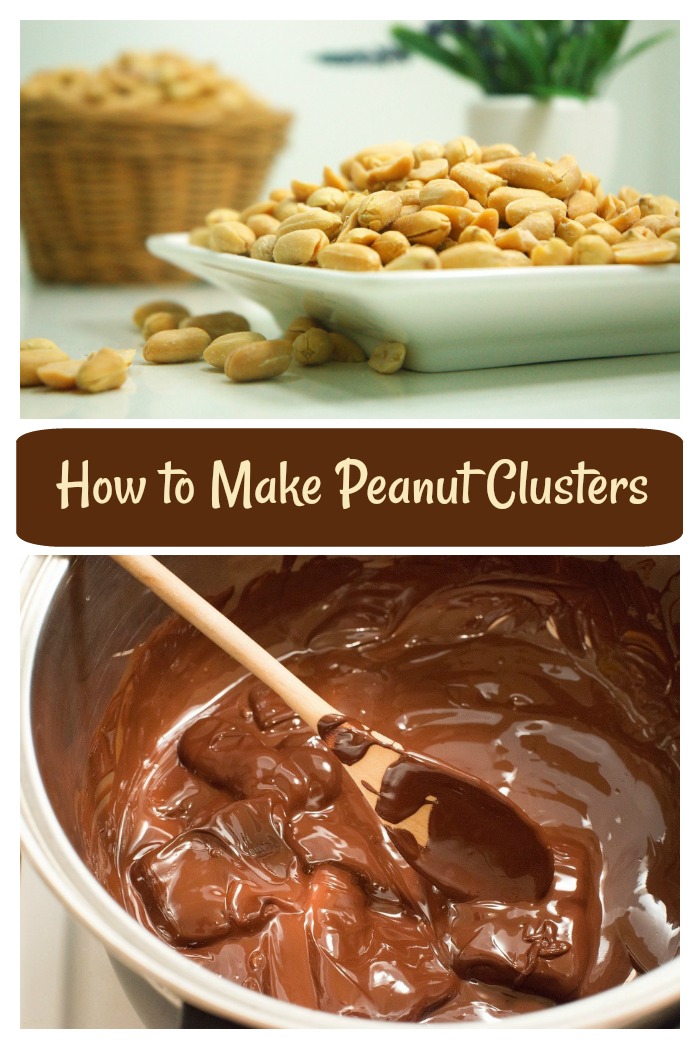 bowl of peanuts and melted chocolate How to make peanut clusters