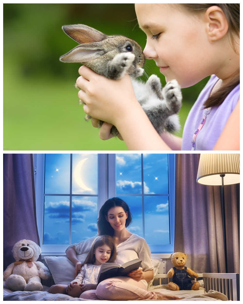 Girl and Bunny - mother and Child. Girl with rabbit and mother reading a story to a child.