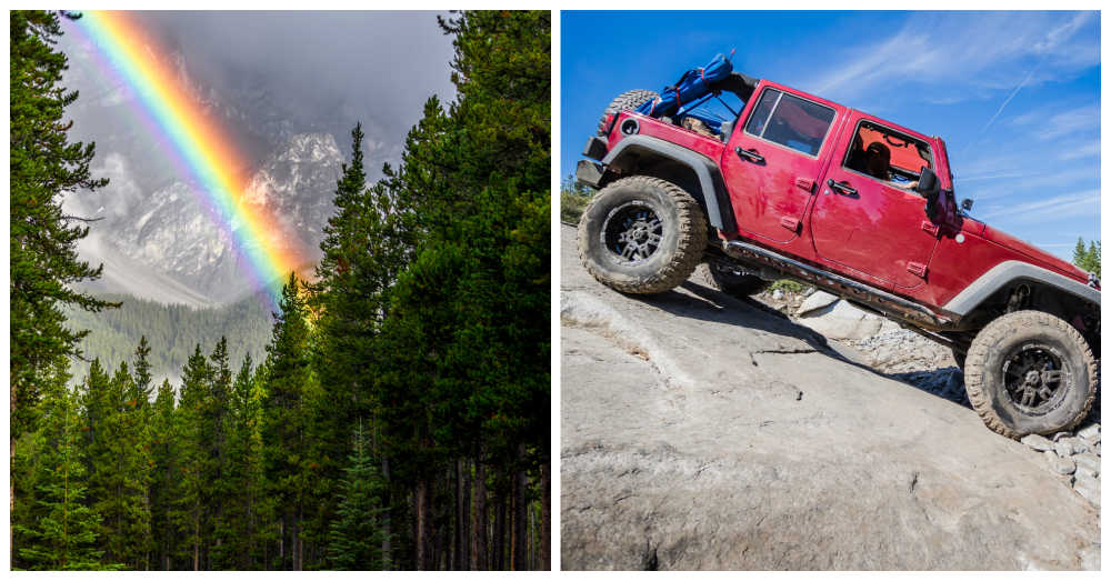 National Rainbow Day and National Jeep Day Rainbow in a forest and jeep on a ahill.