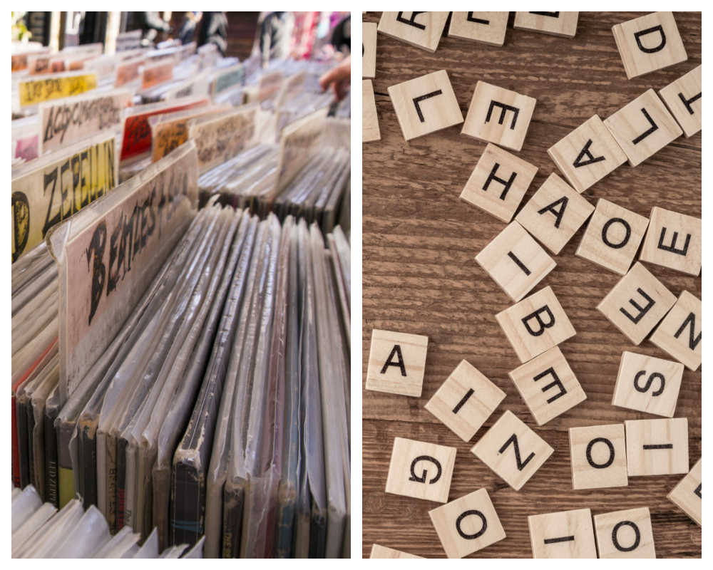 Record store jackets and scrabble tiles.