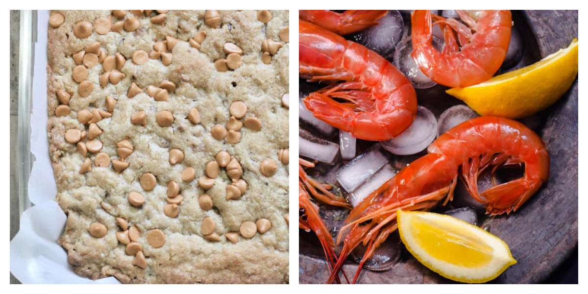 Two May food days. Butterscotch brownies and shrimp in a collage.
