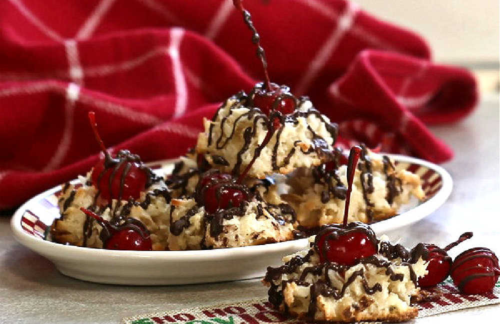 Plate of chocolate cherry macaroons.