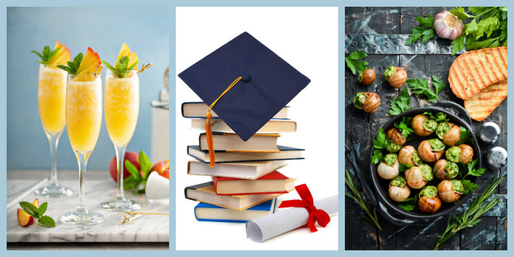 Time for May National Days Mimosas, graduation tassel and books, and escargot in a collage with a pale blue background.