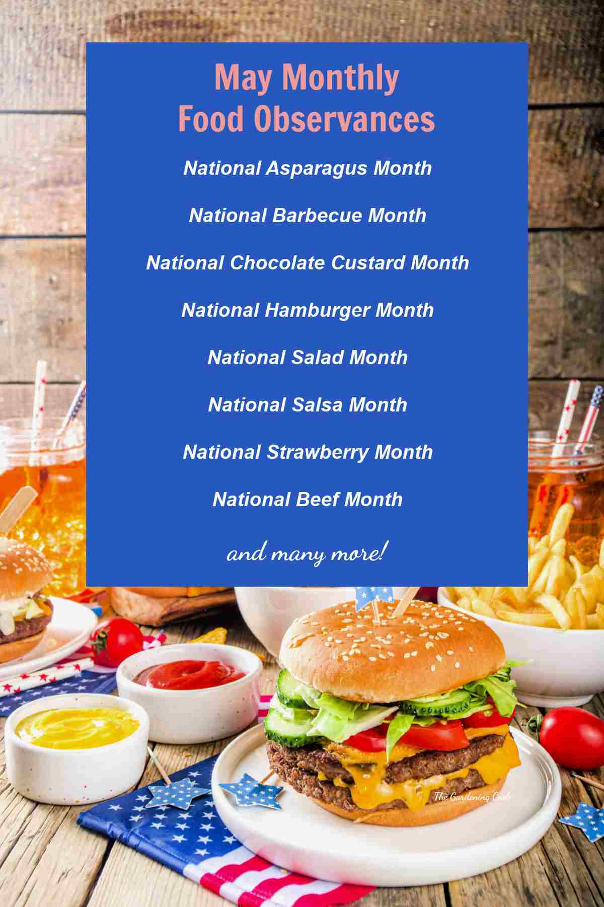 May Monthly Food Observances Food on a table background and list of May Monthly Food Observances.