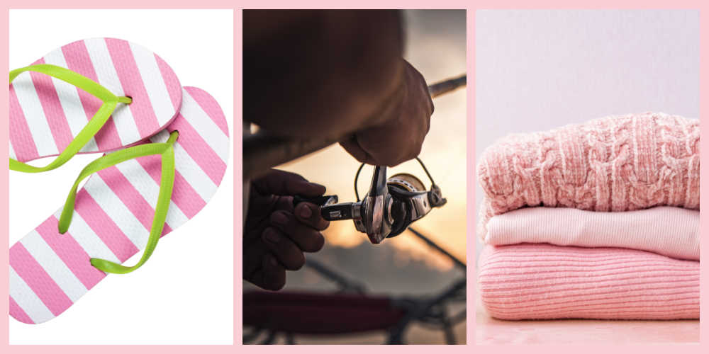 Pink striped thongs, fishing scene and pink clothing in a collage.