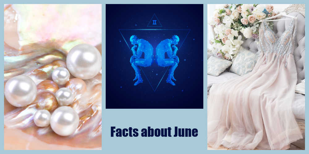Pearls in a shell, bridal gown on a sofa and image of Gemini twins with words reading Facts about June..
