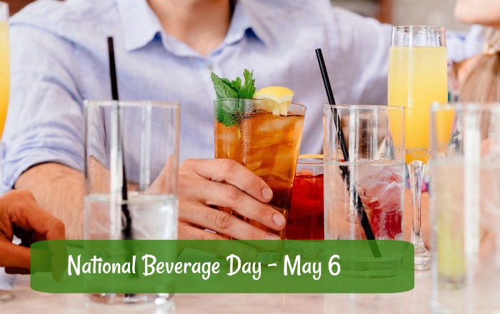 People drinking and a text overlay National Beverage Day is May 6