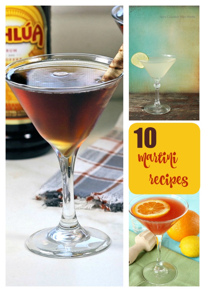 chocolate coffee martini, cucumber martini and fruit martini with a text overlay 10 Martini Recipes to try for National Martini Day