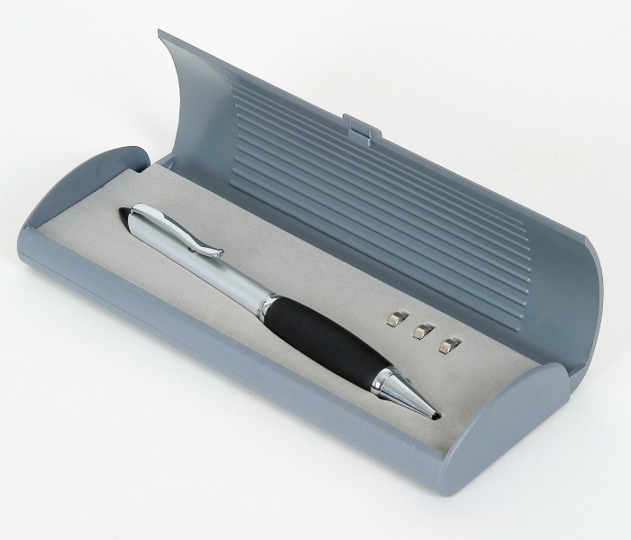 black and silver ballpoint pen in a gray case ballpoint pen in a gray case