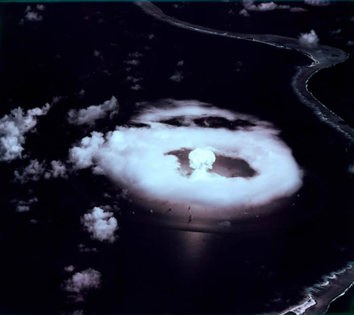 a black and white photo of the first nuclear bombing of bikini atoll in 1946 bikini atoll nuclear bombing in 1946