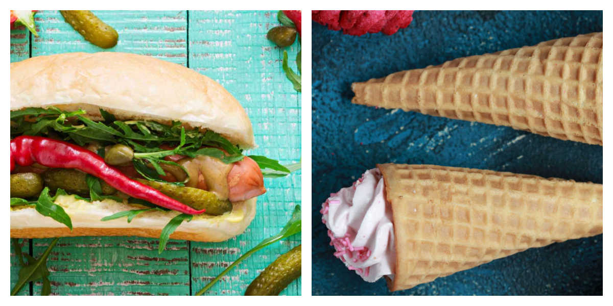 Two July food days : Chili dogs and ice cream cones in a collage.