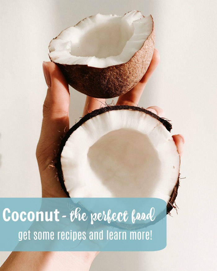 Girl holding a split coconut with the text overlay reading "coconut the perfect food, get some recipes and learn more!" Girl holding a split coconut with the text overlay reading coconut the perfect food, get some recipes and learn more!