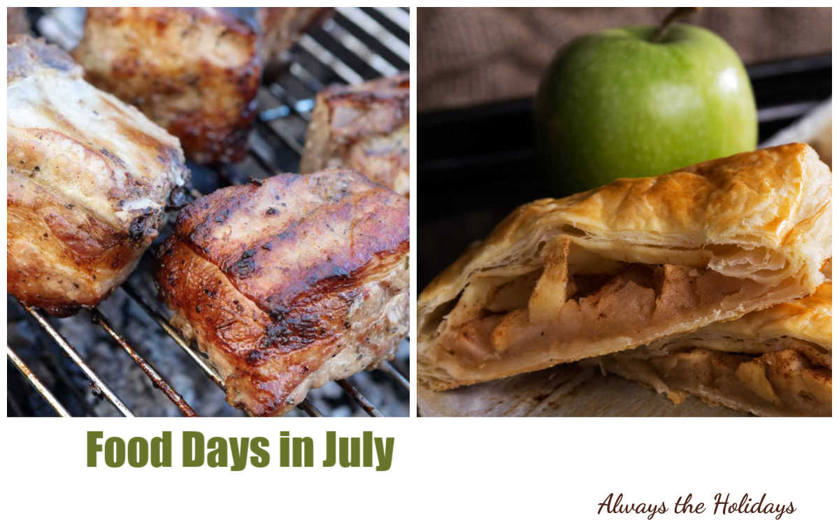 Spareribs on a grill and apple turnover with words Food Days in July.