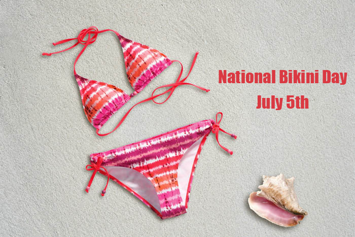 bikini in the sand next to a conch shell with a text overlay that reads "national bikini day july 5th" national bikini day is on July 5th