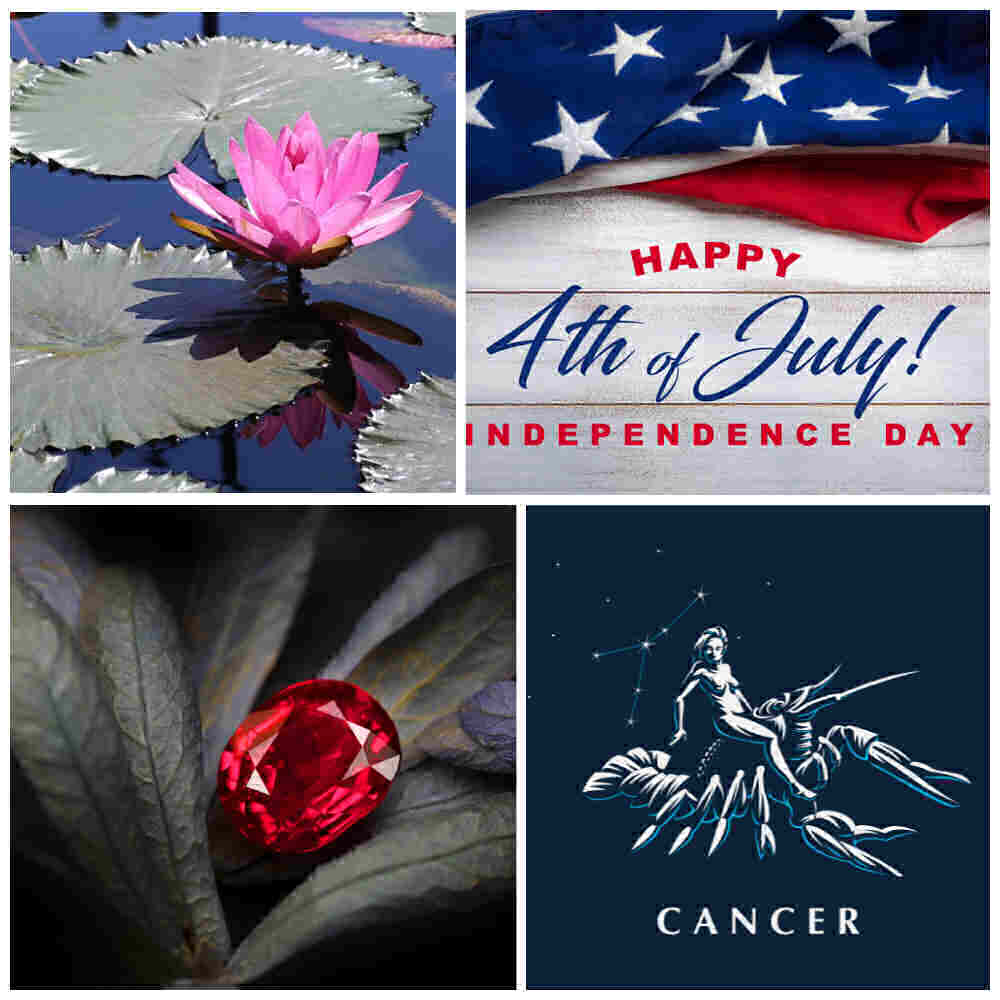 Fun Facts about July July days: Waterlily, 4th of July, ruby and cancer in a collage.