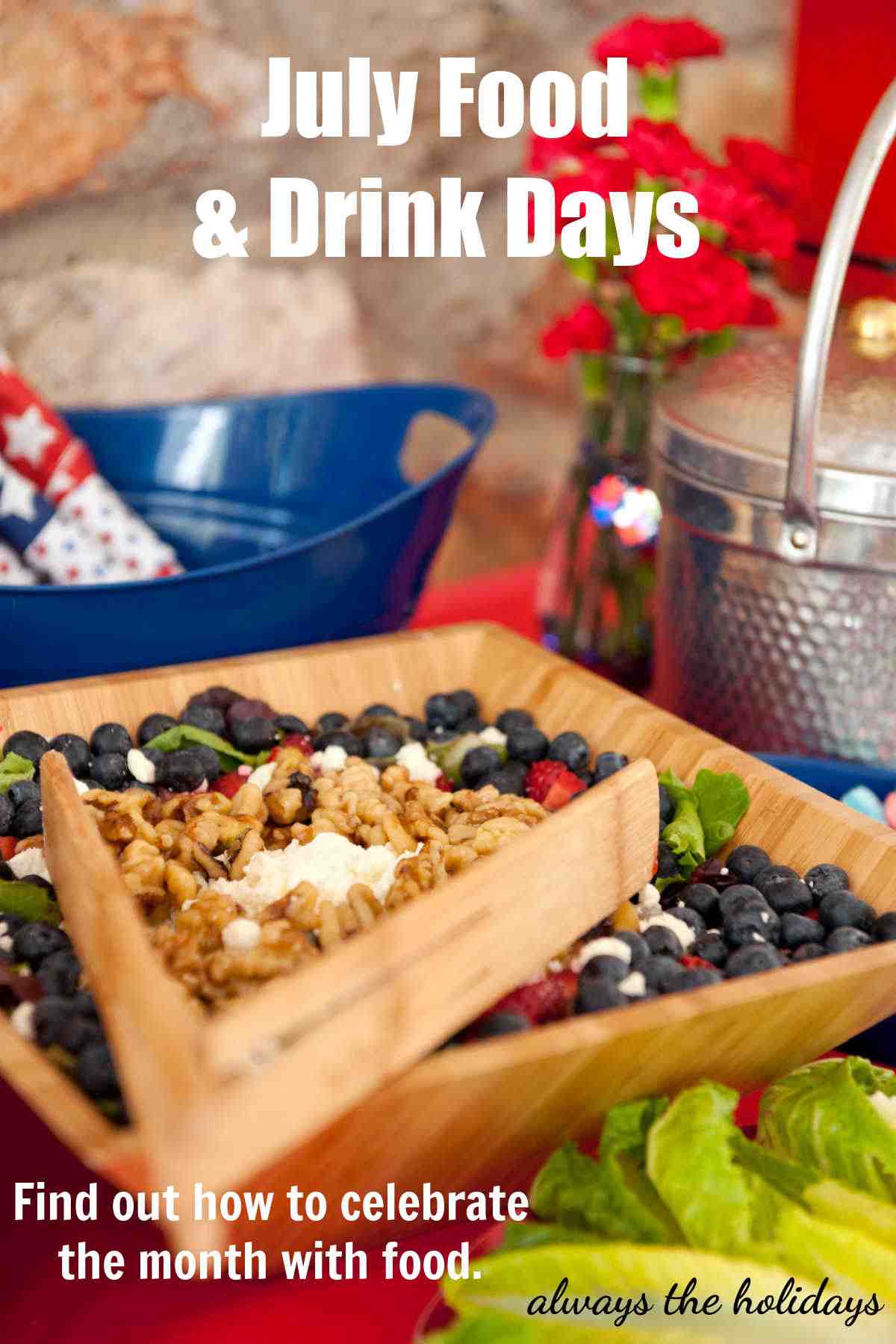 Basket of blueberries with words July food and drink days.
