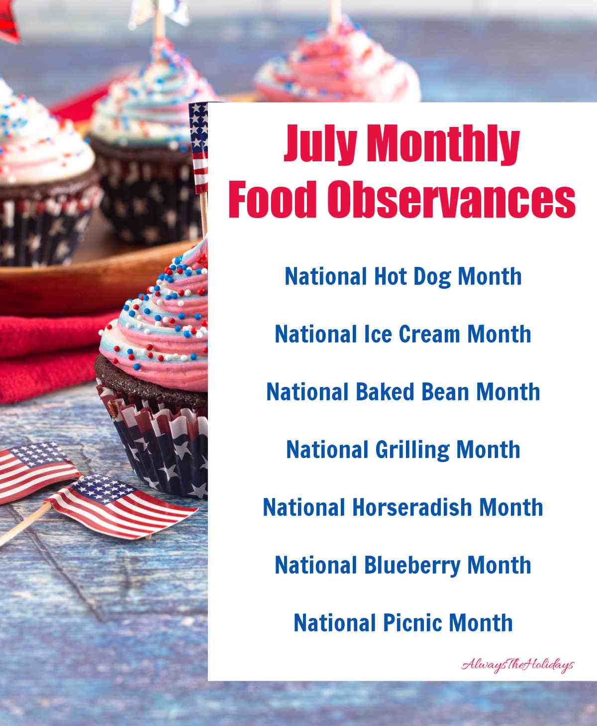 Patriotic muffins and list of July monthly food observances.